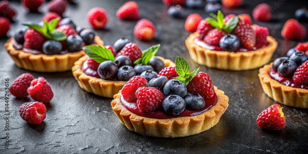 Berry Tartlets on Dark Table Background, sweet treat, vibrant, sweet treat, vibrant, seasonal, edible, dessert Berry Tartlets on Dark Table Background, sweet treat, vibrant, sweet treat, vibrant, seasonal, edible, dessert