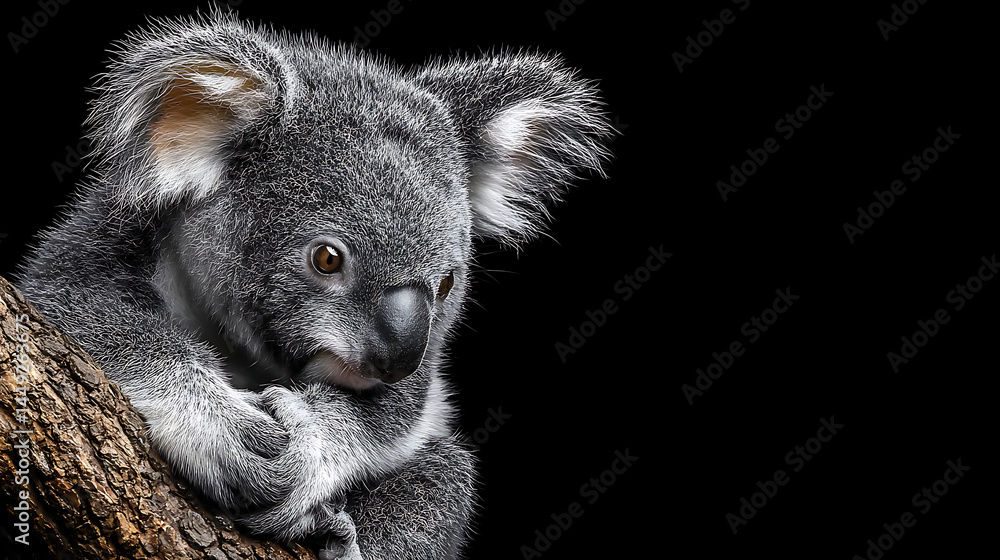 Fototapeta premium Close-up of a koala perched on a branch against a dark background, showcasing its features