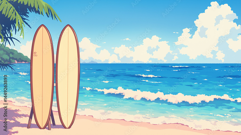 Serene Beach Scene with Surfboards Serene Beach Scene with Surfboards