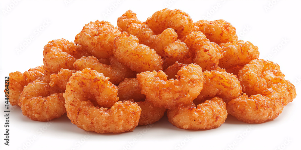 A heap of crispy, golden-brown breaded shrimp. A heap of crispy, golden-brown breaded shrimp.