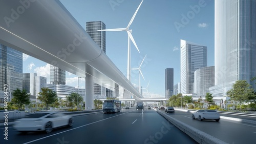 Fototapeta Naklejka Na Ścianę i Meble -  Sustainable Cityscape with Wind Turbines and Elevated Roadway cityscape urban sustainable buildings