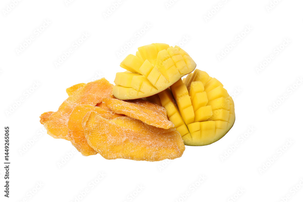 PNG,Fresh and dried mangoes, isolated on white background