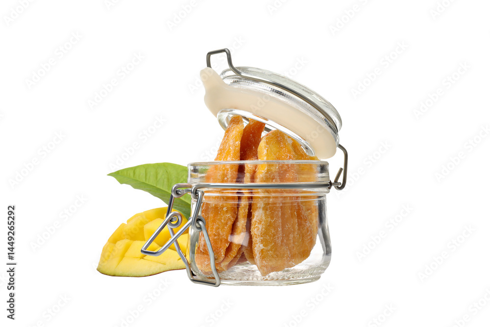 PNG,Dried mango in a glass container, isolated on white background