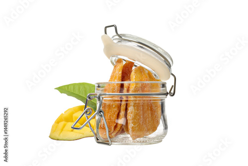 Obraz na płótnie PNG,Dried mango in a glass container, isolated on white background w salonie
