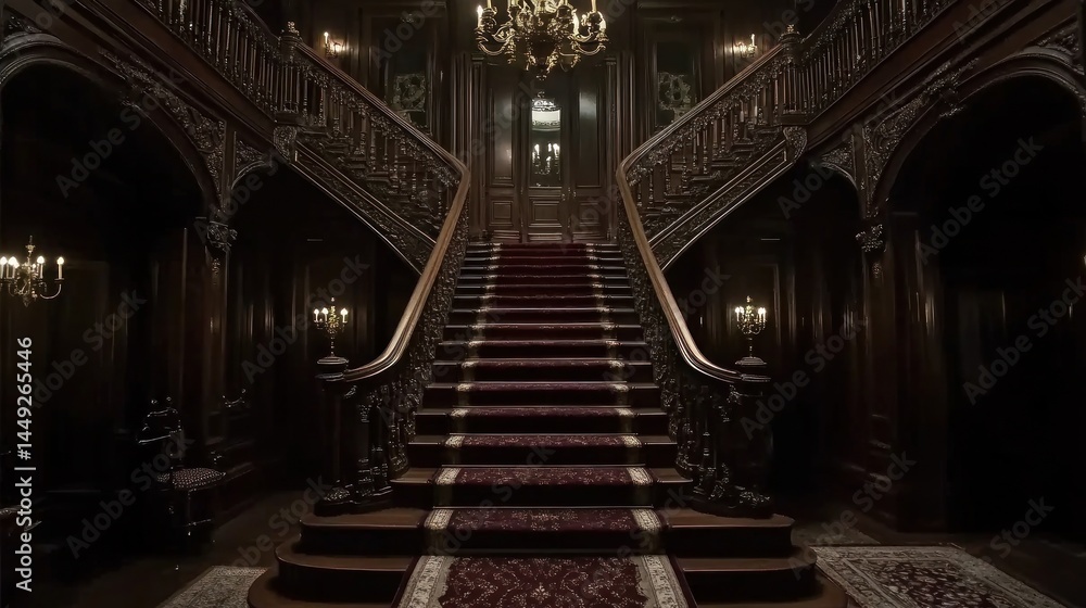 Fototapeta premium Grand, dark, ornate staircase in a majestic mansion