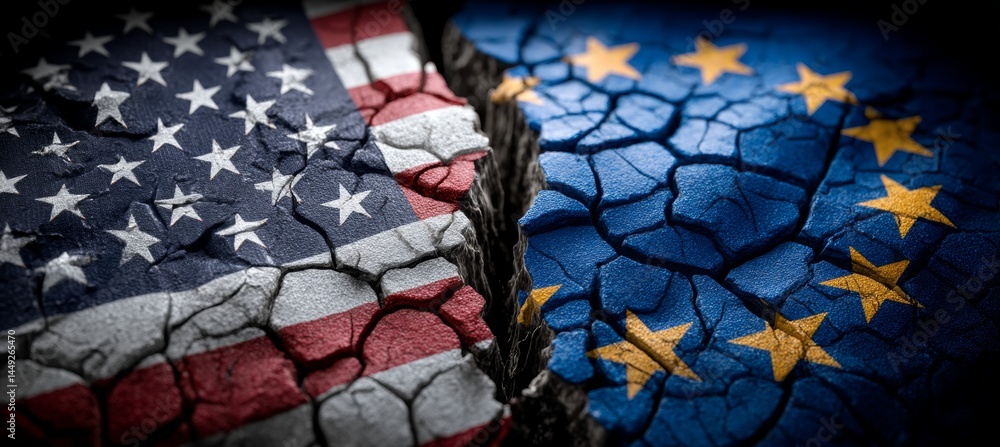 America and EU flag. Trade economy war. Import export manufacture. Politic agreement. Generative AI technology.