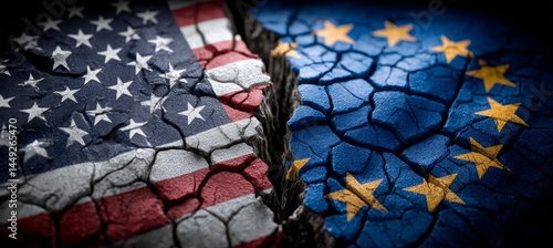 America and EU flag. Trade economy war. Import export manufacture. Politic agreement. Generative AI technology.	
