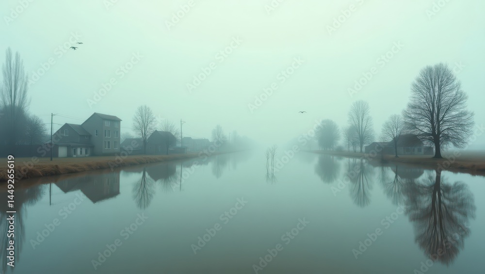 A serene yet devastated rural landscape stretches as far as the eye can see, overwhelmed by tranquil floodwaters that have transformed fields and farmlands into a vast, glassy expanse, with only the t