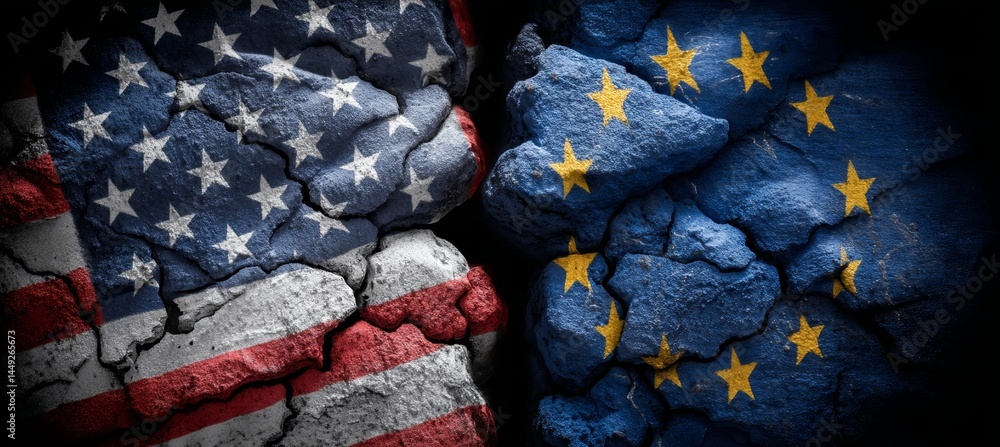 America and EU flag. Trade economy war. Import export manufacture. Politic agreement. Generative AI technology.