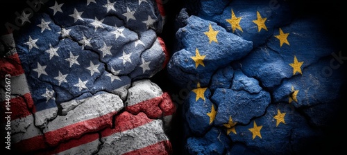 Obraz na płótnie America and EU flag. Trade economy war. Import export manufacture. Politic agreement. Generative AI technology.
w salonie