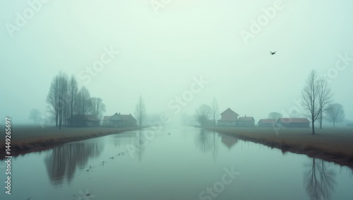 Obraz na płótnie A serene yet devastated rural landscape stretches as far as the eye can see, overwhelmed by tranquil floodwaters that have transformed fields and farmlands into a vast, glassy expanse, with only the t w salonie