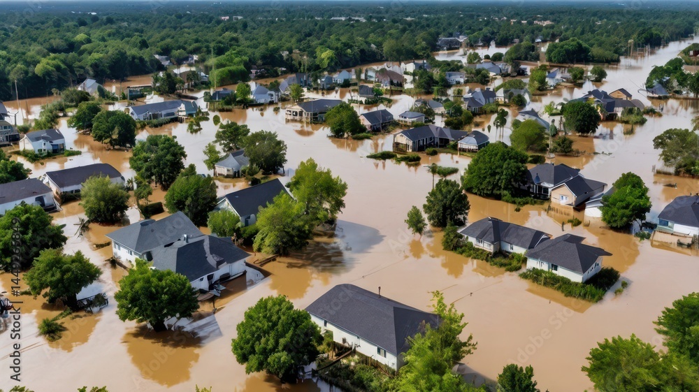 A view of a flooded residential area, with homes surrounded by water and trees partially submerged, showing the impact of heavy rains