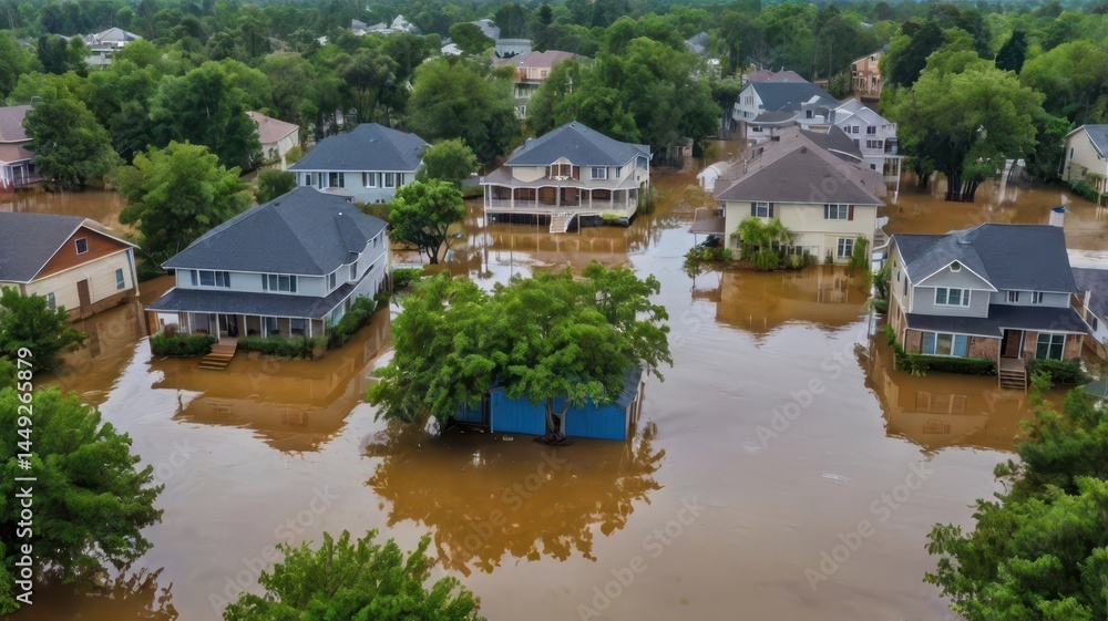 A view of a flooded residential area, with homes surrounded by water and trees partially submerged, showing the impact of heavy rains