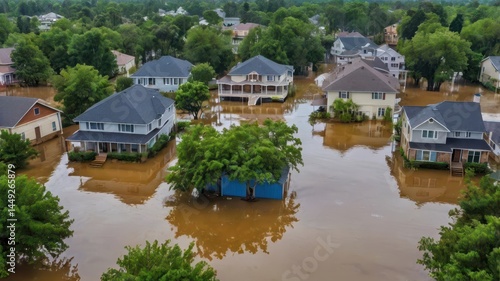 Obraz na płótnie A view of a flooded residential area, with homes surrounded by water and trees partially submerged, showing the impact of heavy rains w salonie