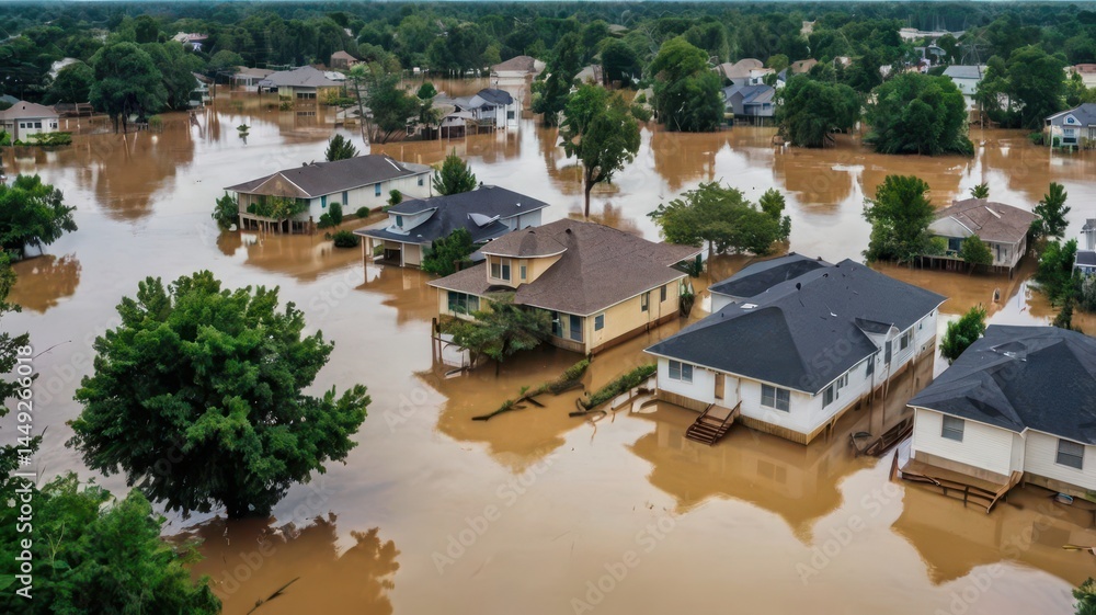 A view of a flooded residential area, with homes surrounded by water and trees partially submerged, showing the impact of heavy rains