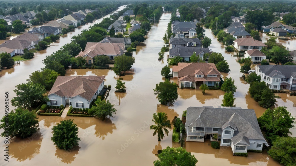 A view of a flooded residential area, with homes surrounded by water and trees partially submerged, showing the impact of heavy rains