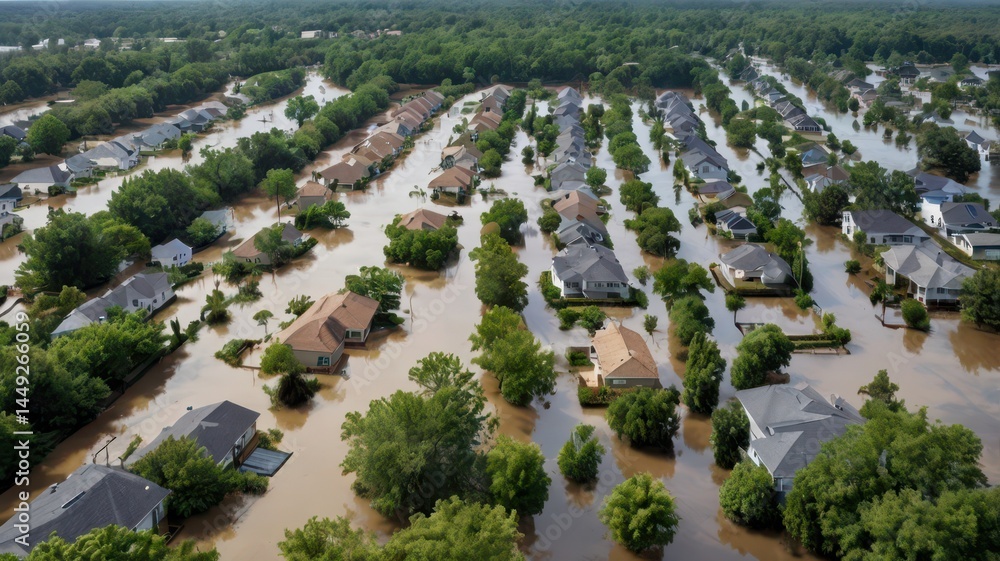 A view of a flooded residential area, with homes surrounded by water and trees partially submerged, showing the impact of heavy rains