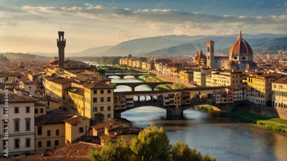 A picturesque scene of Florence’s cityscape with the famous Duomo standing tall, surrounded by historic buildings and the Arno River reflecting the warm afternoon light