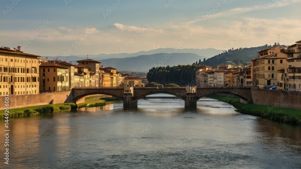 A picturesque scene of Florence’s cityscape with the famous Duomo standing tall, surrounded by historic buildings and the Arno River reflecting the warm afternoon light