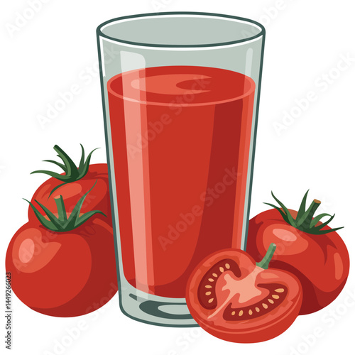 Glass of tomato juice with fresh fruit isolated vector illustration on white background