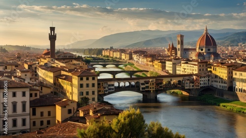 Obraz na płótnie A picturesque scene of Florence’s cityscape with the famous Duomo standing tall, surrounded by historic buildings and the Arno River reflecting the warm afternoon light w salonie