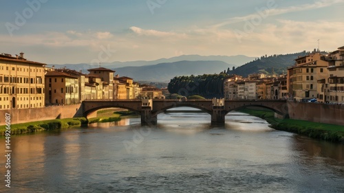 A picturesque scene of Florence’s cityscape with the famous Duomo standing tall, surrounded by historic buildings and the Arno River reflecting the warm afternoon light