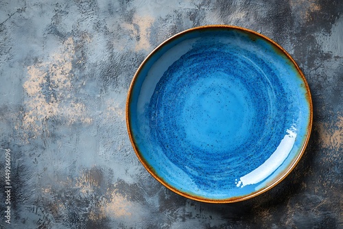 Blue ceramic plate on textured gray painted backdrop, topdown still life