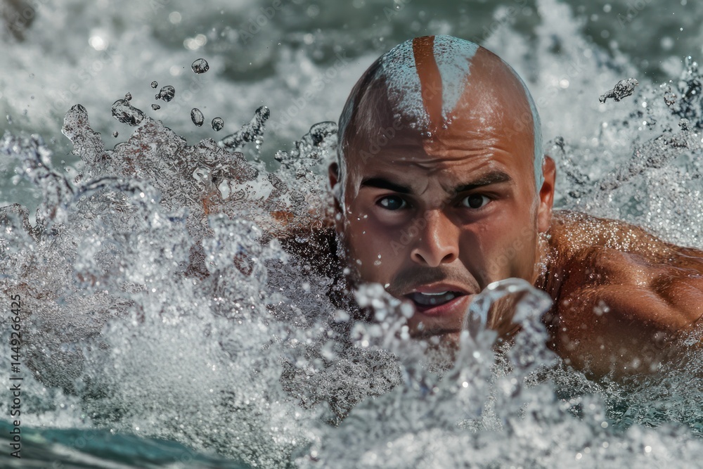 Obraz premium focused swimmer in sea, freestyle motion, water splash frozen in time