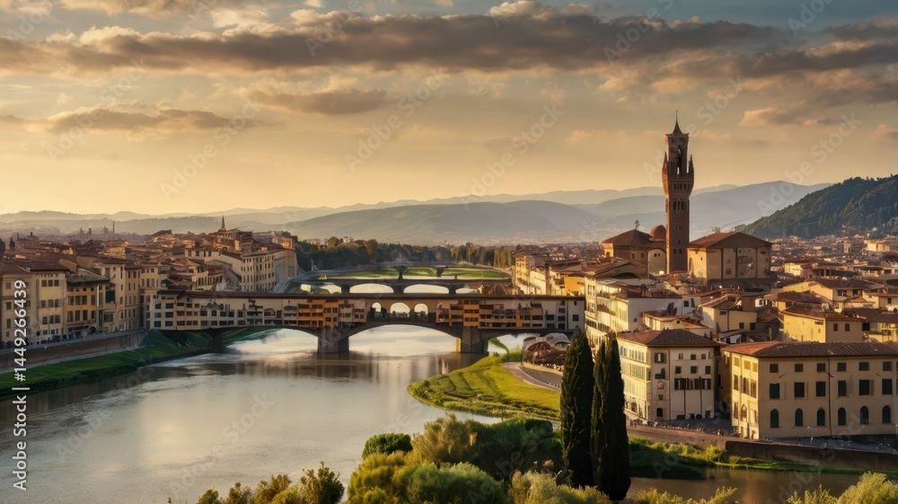 A picturesque scene of Florence’s cityscape with the famous Duomo standing tall, surrounded by historic buildings and the Arno River reflecting the warm afternoon light