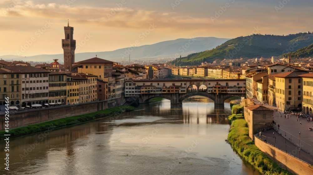 Fototapeta premium A picturesque scene of Florence’s cityscape with the famous Duomo standing tall, surrounded by historic buildings and the Arno River reflecting the warm afternoon light