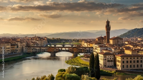 Obraz na płótnie A picturesque scene of Florence’s cityscape with the famous Duomo standing tall, surrounded by historic buildings and the Arno River reflecting the warm afternoon light w salonie