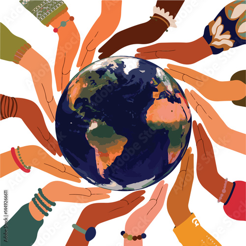  diverse human hands of different skin tones forming a circle around the Earth