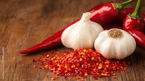 Fresh garlic bulbs and red chili peppers are arranged on a wooden surface, with crushed chili flakes adding vibrant color and spice to the composition.