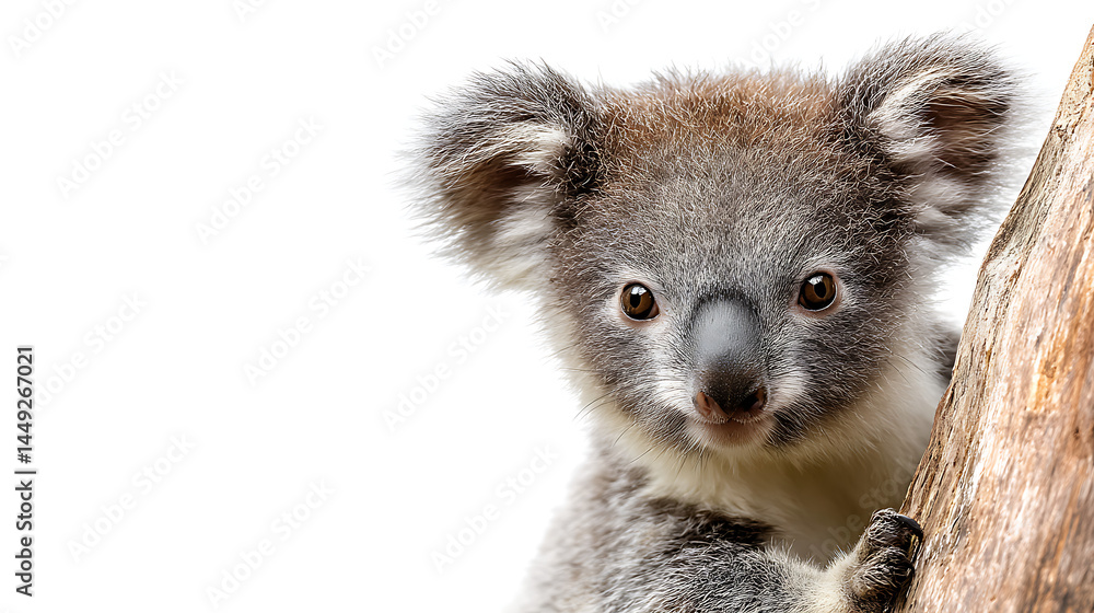 Fototapeta premium Close-up of a koala clinging to a tree branch, showcasing its expressive features and habitat