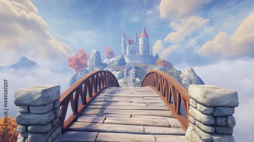 Obraz premium Fantasy castle on a cloud-covered mountaintop, reached by a wooden bridge