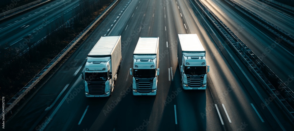 Group of of delivery truck at highway. Cargo courier transport import export concept. Generative AI technology.