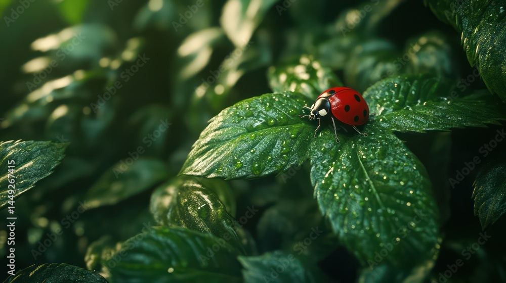 Red insect on lush green leaves Red insect on lush green leaves