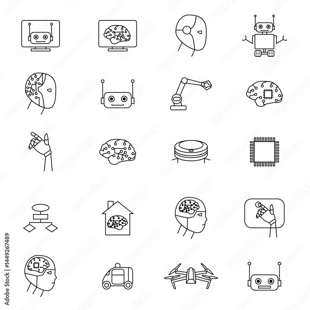 Robotic brainpower futuristic icons set