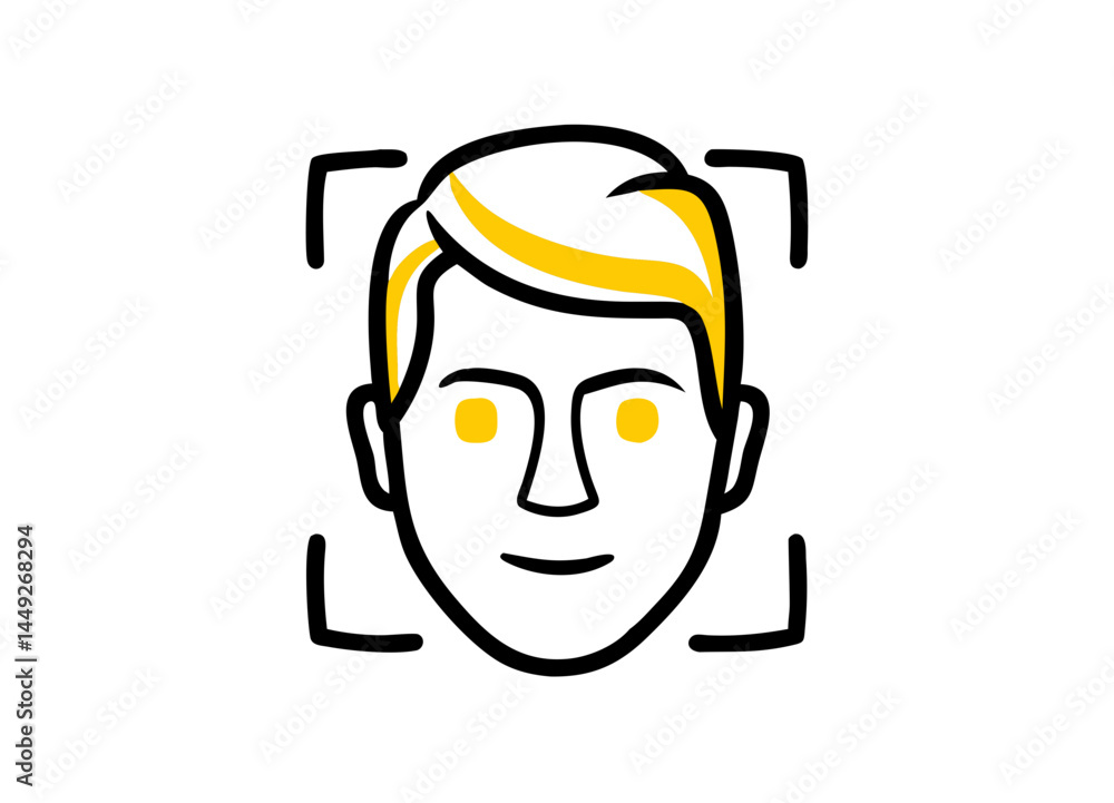 Stylized Vector Illustration of a Yellow and White Head with Short Hair and Black Outlines, Framed by Four Black Lines – Minimalist Design for Identity or Focus Themes Stylized Vector Illustration of a Yellow and White Head with Short Hair and Black Outlines, Framed by Four Black Lines – Minimalist Design for Identity or Focus Themes