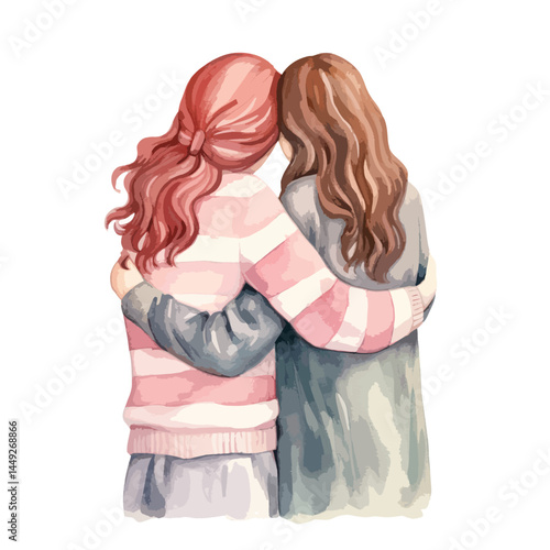 Two women sharing a secret cute watercolors illustration on white background
