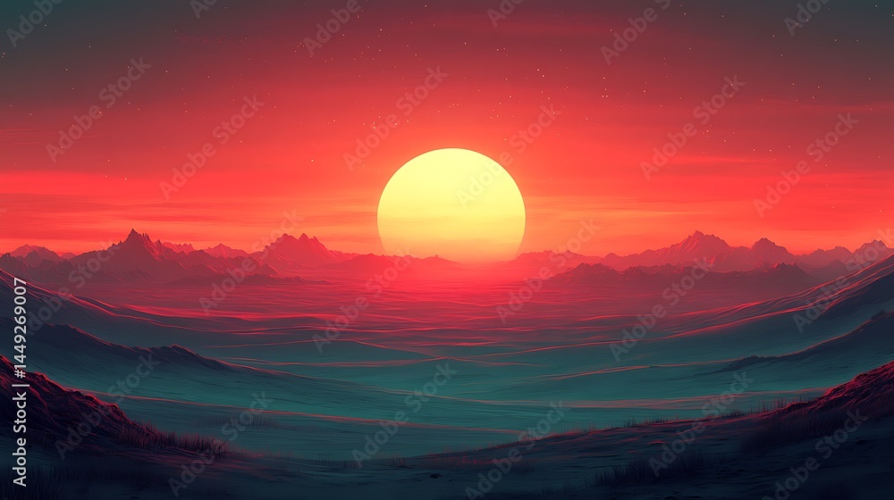 Alien world red sunset landscape vista