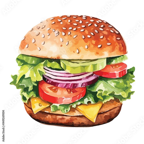 vegetarian burger made with fresh vegetable  cute watercolors illustration on white background