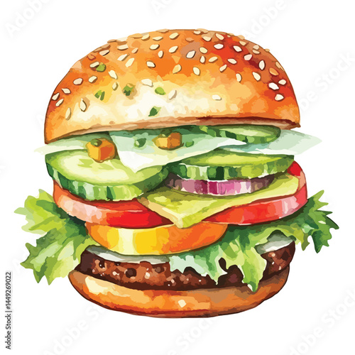 vegetarian burger made with fresh vegetable  cute watercolors illustration on white background