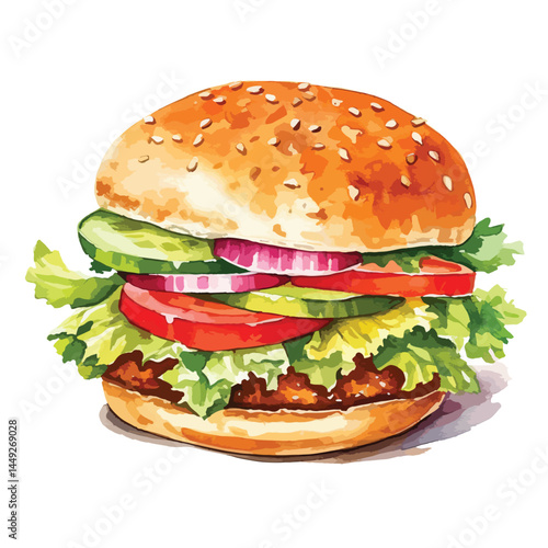 vegetarian burger made with fresh vegetable  cute watercolors illustration on white background