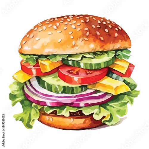 vegetarian burger made with fresh vegetable  cute watercolors illustration on white background