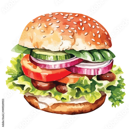 vegetarian burger made with fresh vegetable  cute watercolors illustration on white background