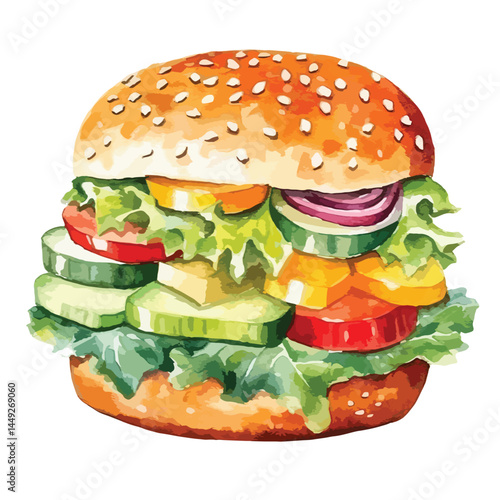 vegetarian burger made with fresh vegetable  cute watercolors illustration on white background