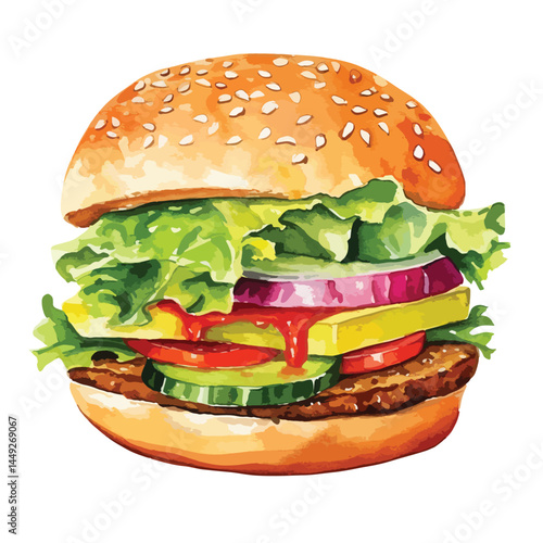 vegetarian burger made with fresh vegetable  cute watercolors illustration on white background