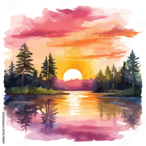 vibrant sunset over a quiet lake cute watercolors illustration on white background