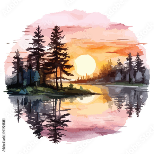 vibrant sunset over a quiet lake cute watercolors illustration on white background